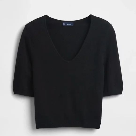 Black V-Neck Crop Short Sleeve Sweater - GAP - Picture 1 of 8